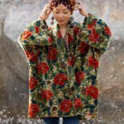 Olive Velvet Kimono Jacket: Floral Boho Duster Coat - Mei - Image 4