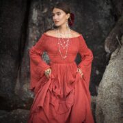 Boho Wedding Dress: Burnt Hibiscus Cotton Maxi with Bell Sleeves - Lucia - Image 5