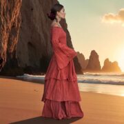 Boho Wedding Dress: Burnt Hibiscus Cotton Maxi with Bell Sleeves - Lucia - Image 9