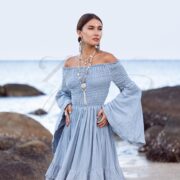 Boho Wedding Dress: Seacliff Mist Cotton Maxi Gown, Off-Shoulder Sleeves - Lucia - Image 5