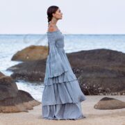 Boho Wedding Dress: Seacliff Mist Cotton Maxi Gown, Off-Shoulder Sleeves - Lucia - Image 2