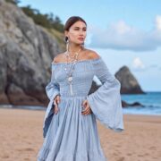 Boho Wedding Dress: Seacliff Mist Cotton Maxi Gown, Off-Shoulder Sleeves - Lucia - Image 10