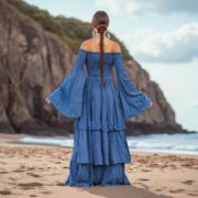 Moonshadow Blue Boho Maxi Dress: Off-Shoulder Cotton Bridal Gown - Lucia - Image 8