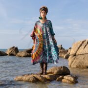 Plus Size Tie Dye Kaftan Dress: Sundrift Indigo Spiral, Boho Festival Cotton - Mystic