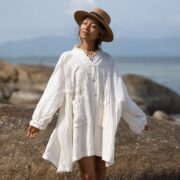 Plus Size Boho Crinkle Cotton Tunic Dress: Sea Pearl Babydoll Top - Bellina - Image 4