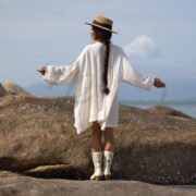 Plus Size Boho Crinkle Cotton Tunic Dress: Sea Pearl Babydoll Top - Bellina - Image 3