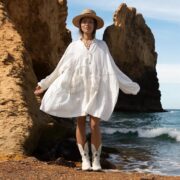 Plus Size Boho Crinkle Cotton Tunic Dress: Sea Pearl Babydoll Top - Bellina - Image 7