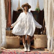 Plus Size Boho Crinkle Cotton Tunic Dress: Sea Pearl Babydoll Top - Bellina - Image 5