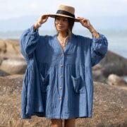 Plus Size Boho Tunic Top: Crinkle Cotton Babydoll Dress, Ocean Flint - Bellina - Image 4