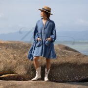 Plus Size Boho Tunic Top: Crinkle Cotton Babydoll Dress, Ocean Flint - Bellina