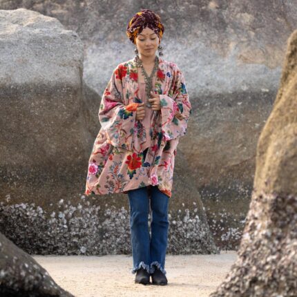 Plus Size Velvet Kimono Robe: Rosé Caravan Boho Floral Duster - Mei