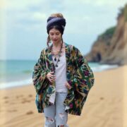 Rustic Teal Velvet Kimono Robe: Boho Ikat Cotton Jacket - Mei - Image 4