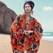 Flaming Coral Velvet Kimono Robe: Boho Ikat Cotton Jacket - Mei - Image 4
