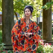 Flaming Coral Velvet Kimono Robe: Boho Ikat Cotton Jacket - Mei - Image 6