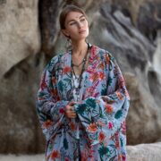 Plus Size Velvet Kimono Duster: Cerulean Bloom Floral Robe - Mai - Image 4
