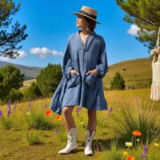 Plus Size Boho Tunic Top: Crinkle Cotton Babydoll Dress, Ocean Flint - Bellina - Image 5