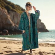 Emerald Mandala Velvet Kimono Duster: Boho Cotton Robe - Mai