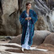 Handmade Cotton Velvet Kimono Duster: Twilight Garden Rosefinch Print, Plus Size - Mai