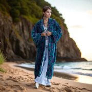 Handmade Cotton Velvet Kimono Duster: Twilight Garden Rosefinch Print, Plus Size - Mai - Image 7