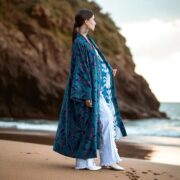 Handmade Cotton Velvet Kimono Duster: Twilight Garden Rosefinch Print, Plus Size - Mai - Image 8