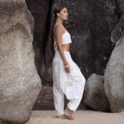 Boho Lace Patchwork Harem Pants & Duster Set: Cream Cotton Festival Outfit - Image 2