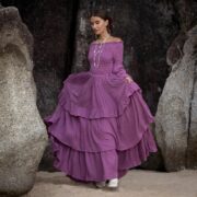 Boho Wedding Dress: Orchid Twilight Cotton Maxi Gown with Bell Sleeves - Lucia - Image 4