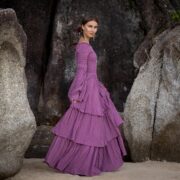 Boho Wedding Dress: Orchid Twilight Cotton Maxi Gown with Bell Sleeves - Lucia - Image 2