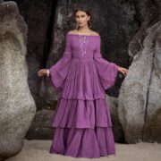 Boho Wedding Dress: Orchid Twilight Cotton Maxi Gown with Bell Sleeves - Lucia