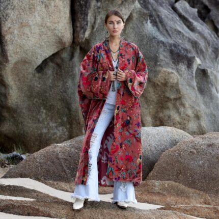 Plus Size Velvet Kimono Robe: Rosefinch Dusk Garden Cotton Duster