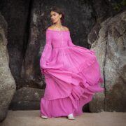 Boho Wedding Dress: Pink Cotton Maxi Gown with Bell Sleeves - Lucia - Image 4