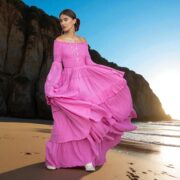 Boho Wedding Dress: Pink Cotton Maxi Gown with Bell Sleeves - Lucia - Image 9