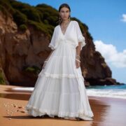 Off-White Cotton Boho Wedding Dress: Plus Size Raw Cotton Maxi Gown - Beata - Image 9