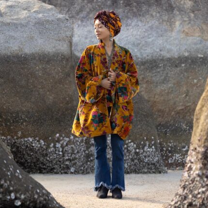 Plus Size Velvet Kimono Duster: Marigold Bazaar Floral Boho Coat - Mei