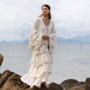 Plus Size Cotton Gauze Kimono Duster: Ivory Sandstone Ruffle Boho Layer - Bali