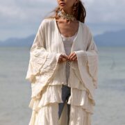 Plus Size Cotton Gauze Kimono Duster: Ivory Sandstone Ruffle Boho Layer - Bali - Image 6