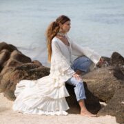 Plus Size Cotton Gauze Kimono Duster: Ivory Sandstone Ruffle Boho Layer - Bali - Image 5