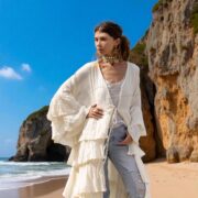 Plus Size Cotton Gauze Kimono Duster: Ivory Sandstone Ruffle Boho Layer - Bali - Image 10