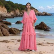 Coral Sunrise Boho Wedding Dress: Plus Size Cotton Maxi Gown - Beata - Image 7