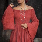 Boho Wedding Dress: Burnt Hibiscus Cotton Maxi with Bell Sleeves - Lucia - Image 6