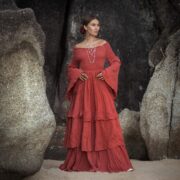 Boho Wedding Dress: Burnt Hibiscus Cotton Maxi with Bell Sleeves - Lucia