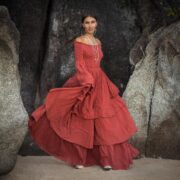Boho Wedding Dress: Burnt Hibiscus Cotton Maxi with Bell Sleeves - Lucia - Image 4