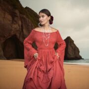 Boho Wedding Dress: Burnt Hibiscus Cotton Maxi with Bell Sleeves - Lucia - Image 10