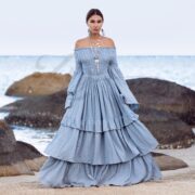 Boho Wedding Dress: Seacliff Mist Cotton Maxi Gown, Off-Shoulder Sleeves - Lucia