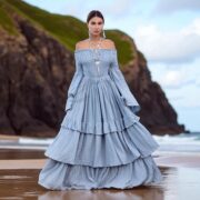 Boho Wedding Dress: Seacliff Mist Cotton Maxi Gown, Off-Shoulder Sleeves - Lucia - Image 7