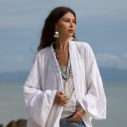 Moon Drift Velvet Kimono Duster: Silky White Boho Robe - Plus Size - Mai - Image 4
