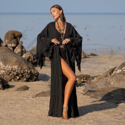 Plus Size Black Hemp Cotton Kimono Duster: Boho Bridal Robe - Kara
