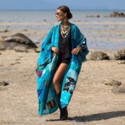 Upcycled Silk Kimono Duster: Boho Patchwork Robe - Azure Tide - Harper Jade