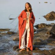 Terracotta Flame Boho Cotton Gauze Kimono Duster – Willow Long Robe with Pockets, Plus Size Cardigan, Festival Cover Up & Beach Jacket