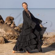 Ruffled Hemp Cotton Kimono Duster: Raven Black Bohemian Cardigan - Bali - Image 3