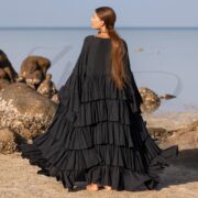 Ruffled Hemp Cotton Kimono Duster: Raven Black Bohemian Cardigan - Bali - Image 4